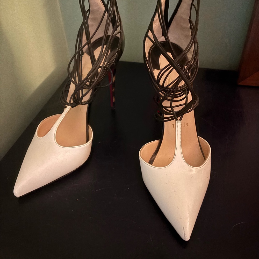 Christian Louboutin White Pointed Toe Lace-Up Pumps with Black Wrap Straps